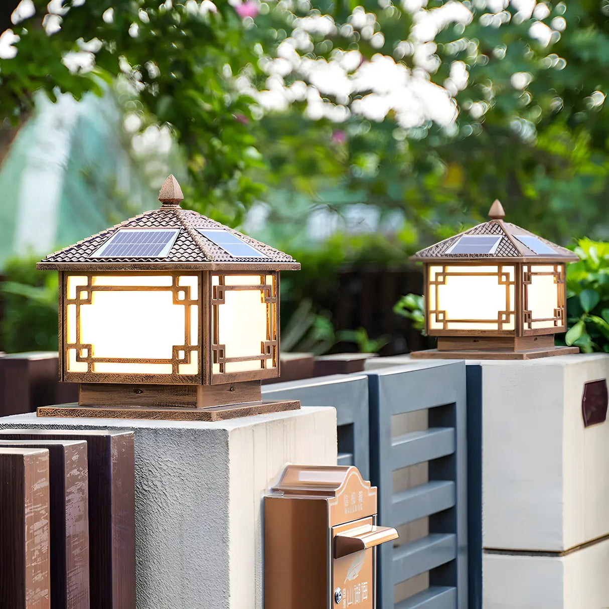 Chinese Vintage Solar Square Metal Outdoor Post Lamp Image - 13