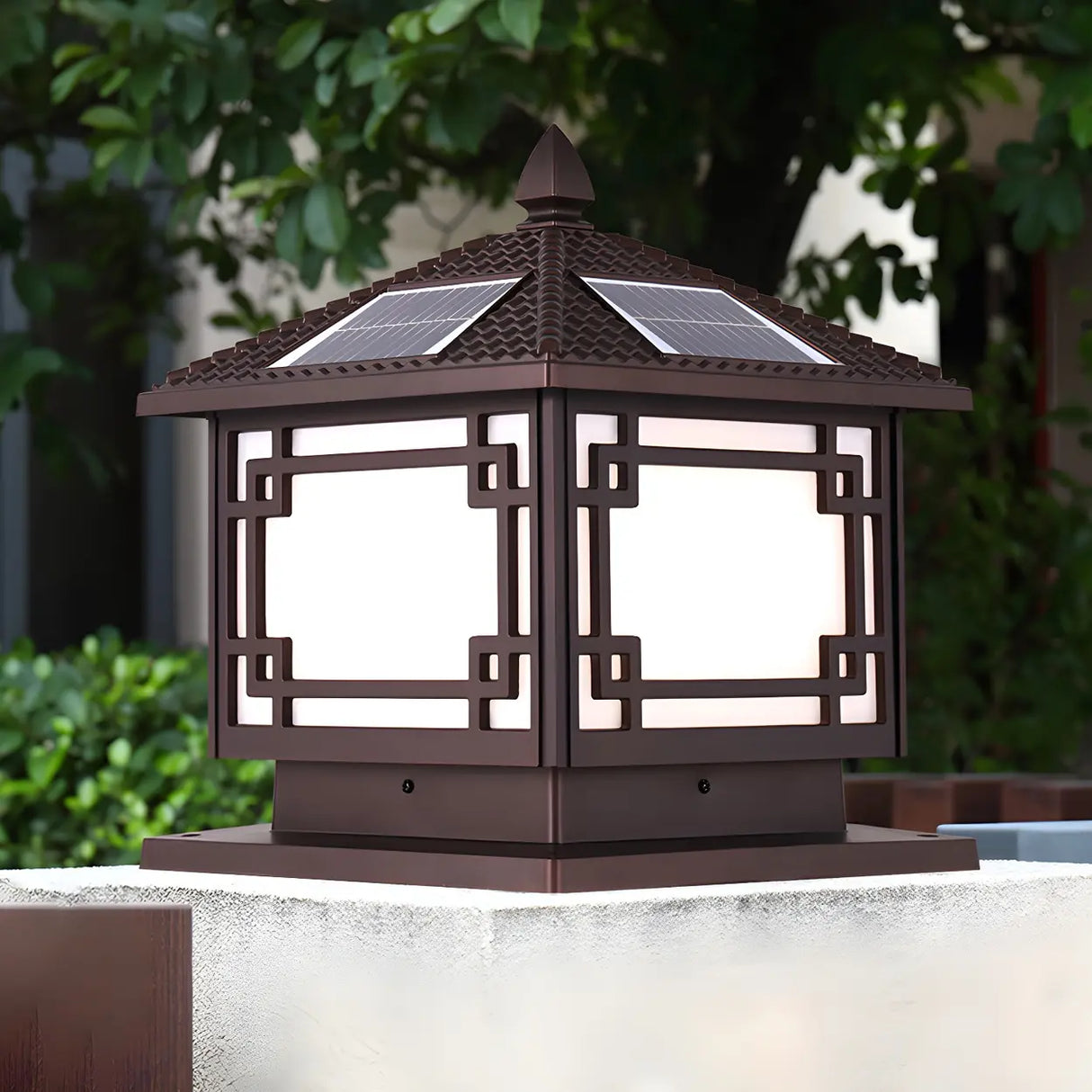 Chinese Vintage Solar Square Metal Outdoor Post Lamp Image - 6