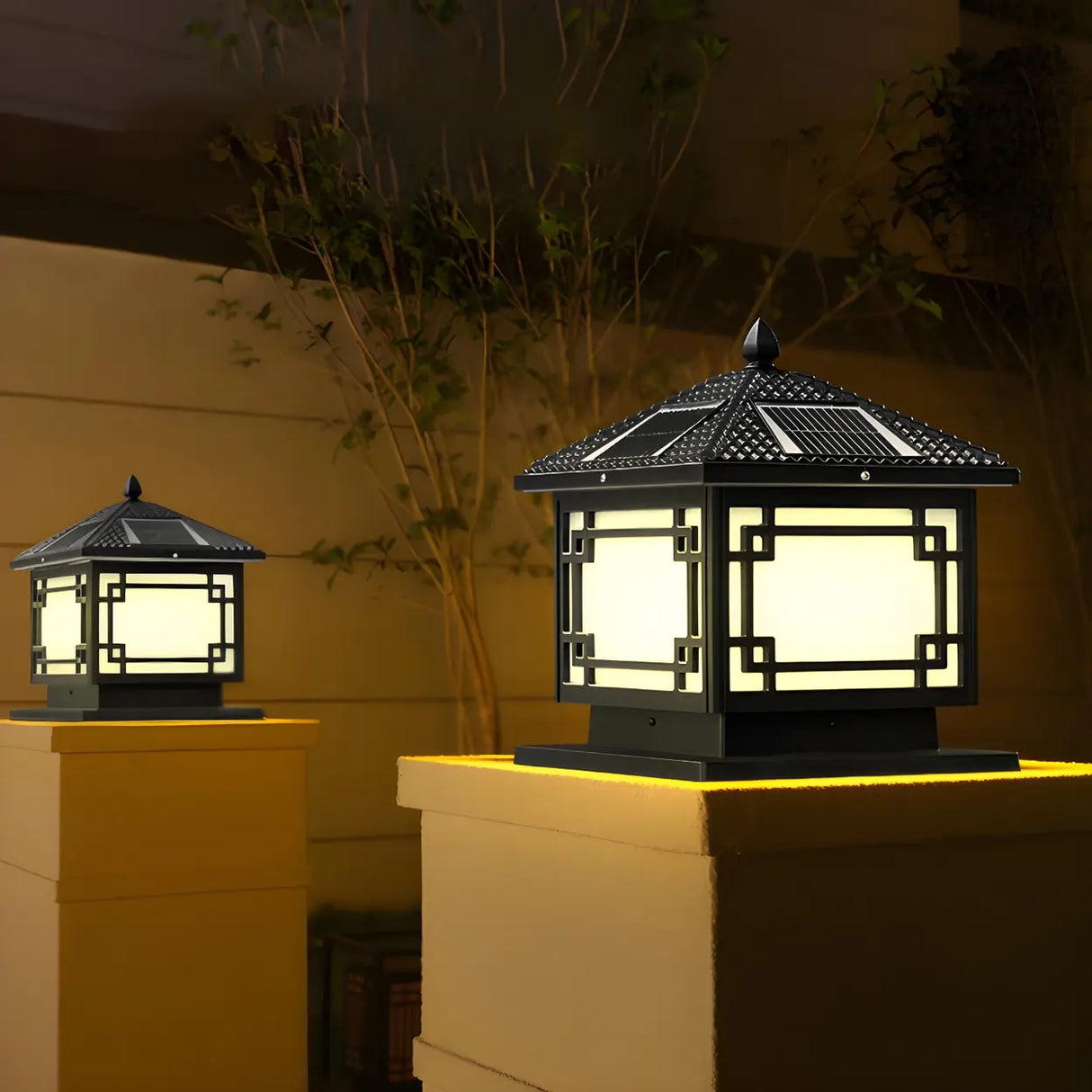 Chinese Vintage Solar Square Metal Outdoor Post Lamp Image - 7