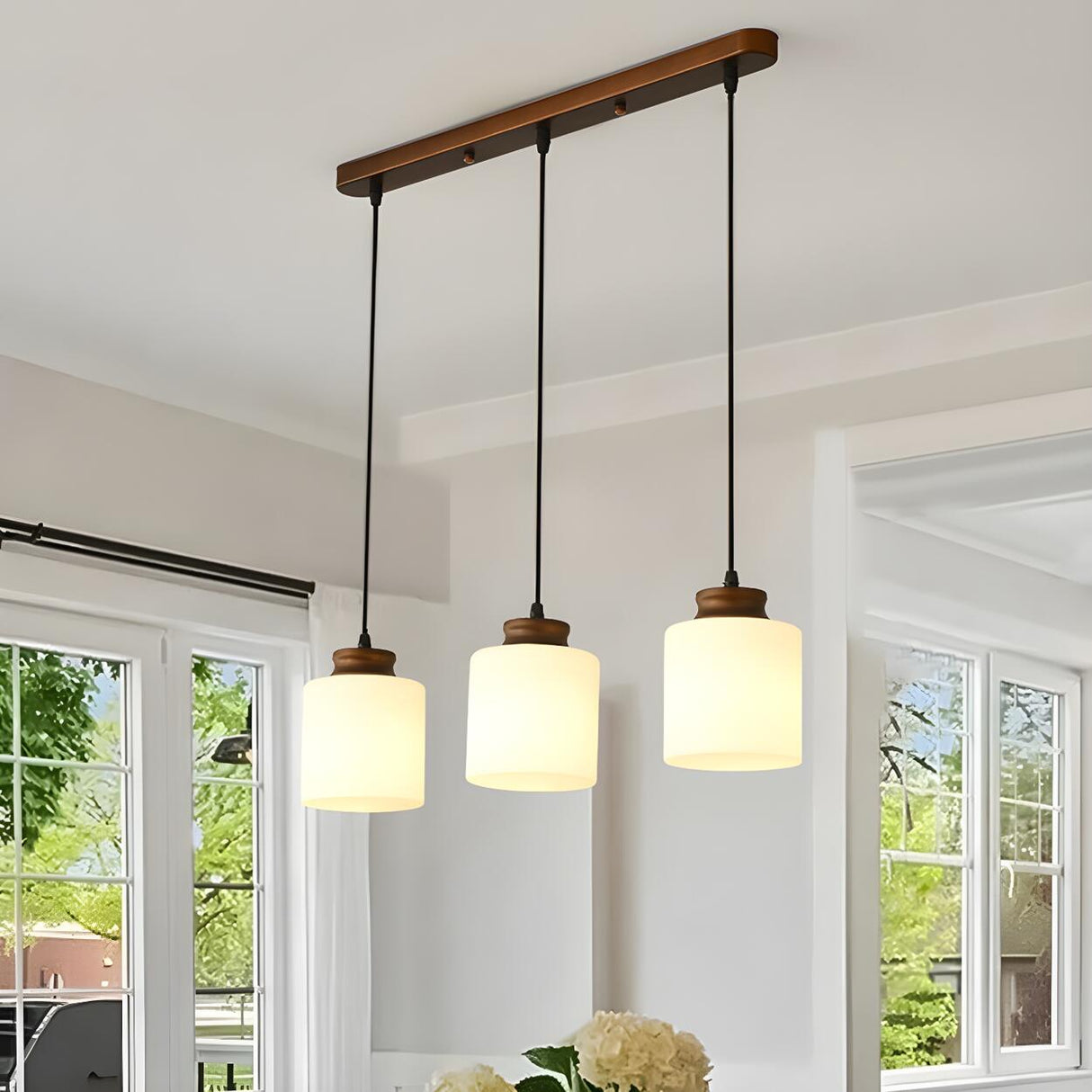 Classic 3-Light Cylinder Brown Island Pendant Light Image - 4