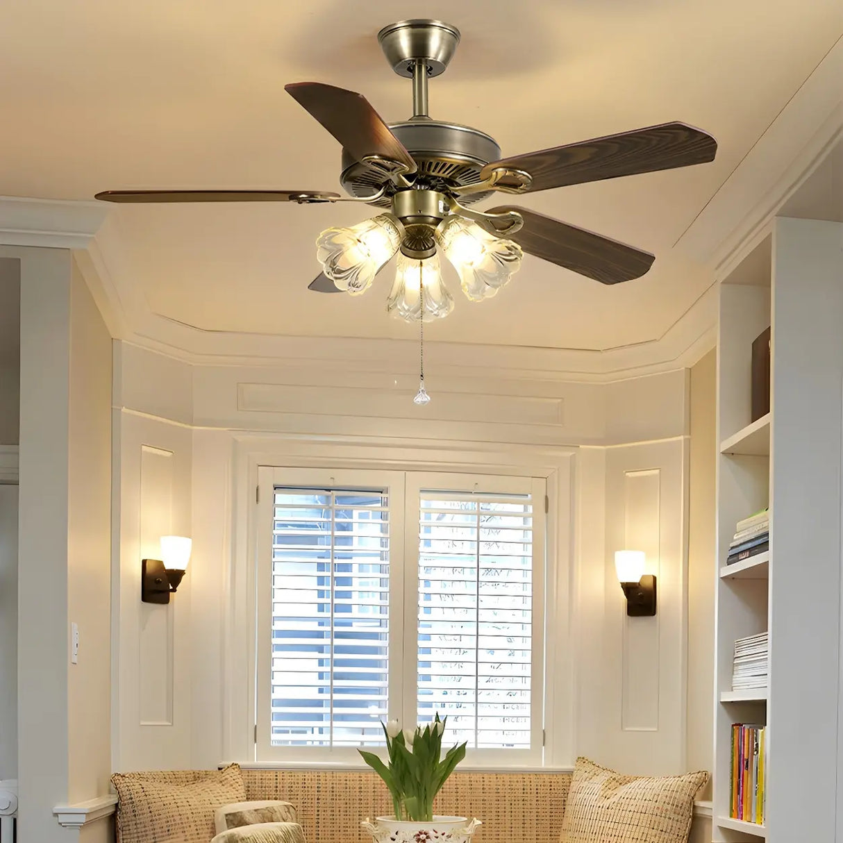 Classic 5 Blades Bronze Flower Ceiling Fan with Lights Image - 4