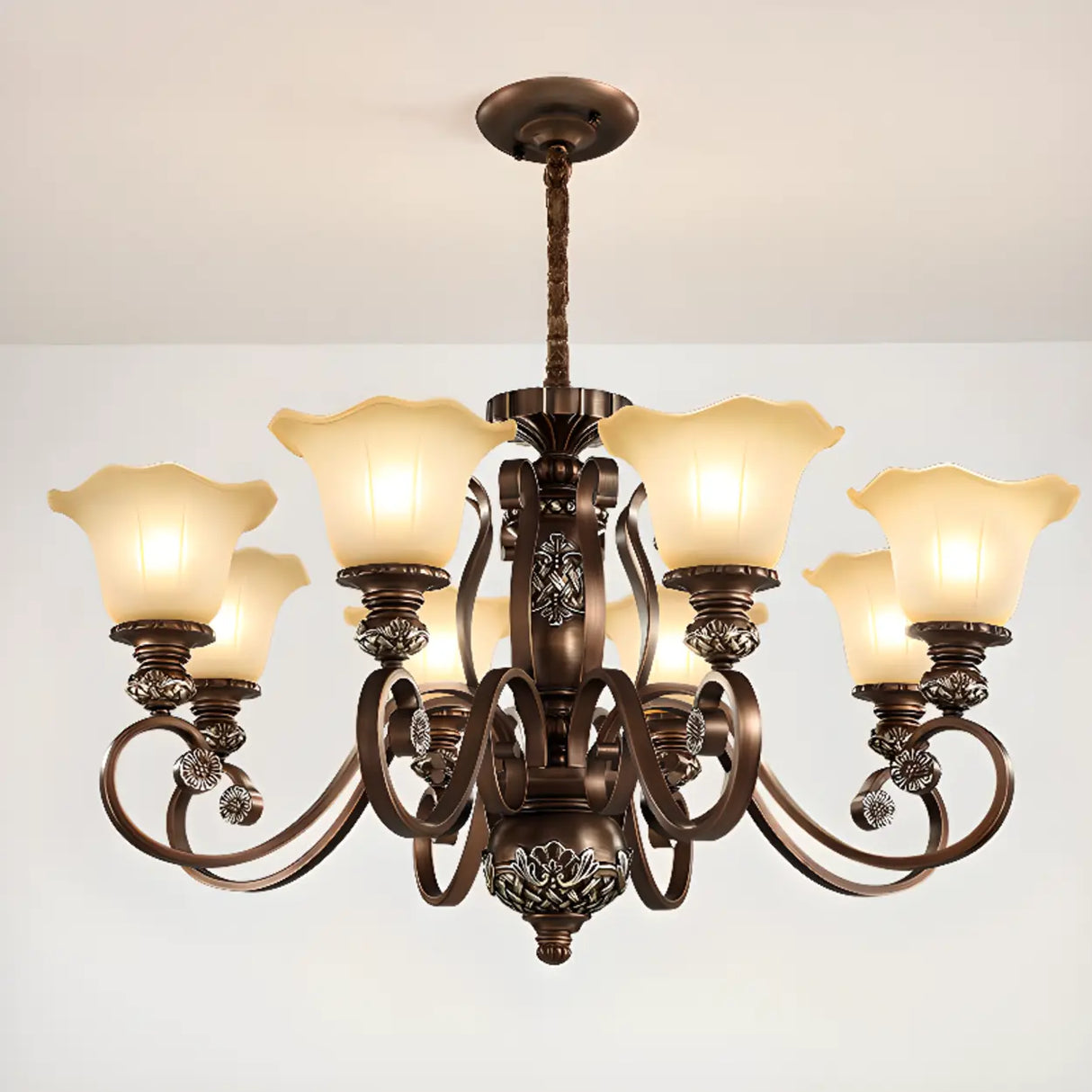 Classic Bronze Bell Matte White Glass Chandelier Image - 5