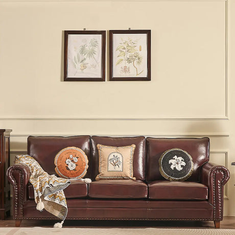 Classic Brown Full Grain Cow Leather Pillow Back Sofa Image - 1