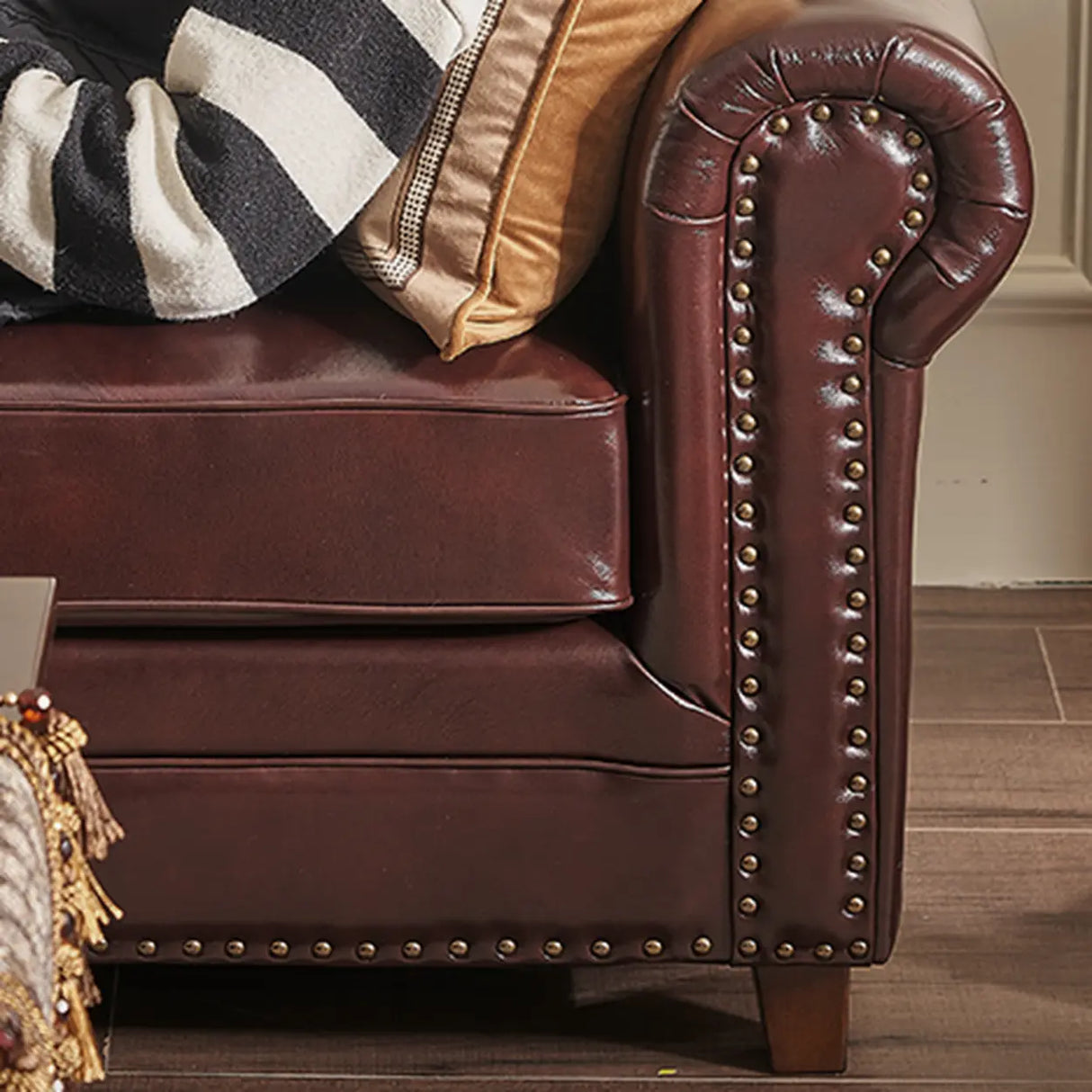 Classic Brown Full Grain Cow Leather Pillow Back Sofa Image - 10