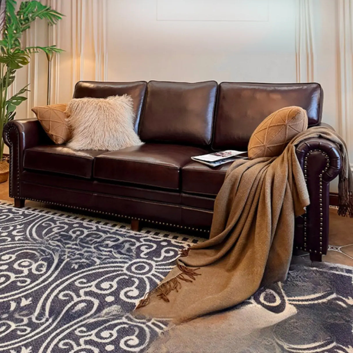 Classic Brown Full Grain Cow Leather Pillow Back Sofa Image - 12