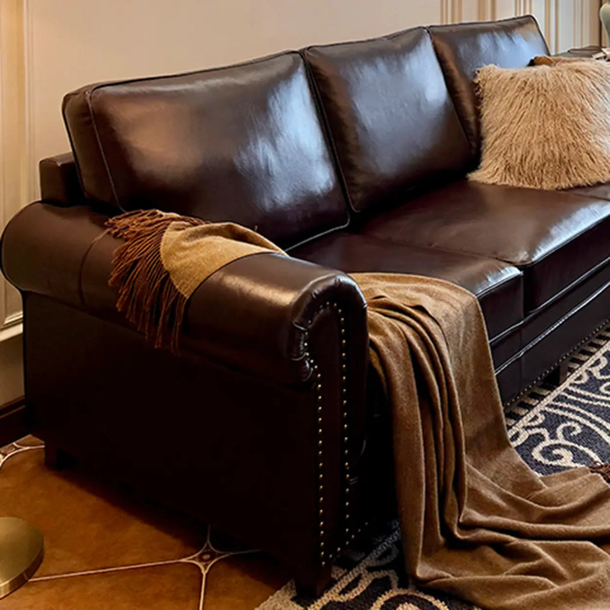Classic Brown Full Grain Cow Leather Pillow Back Sofa Image - 13