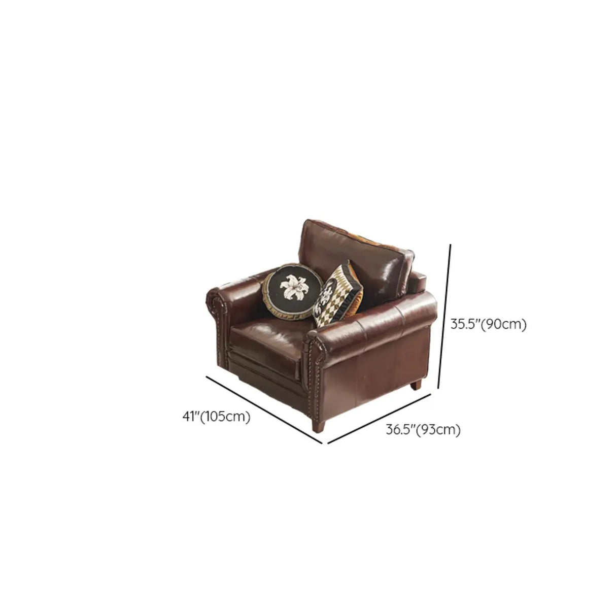 Classic Brown Full Grain Cow Leather Pillow Back Sofa 