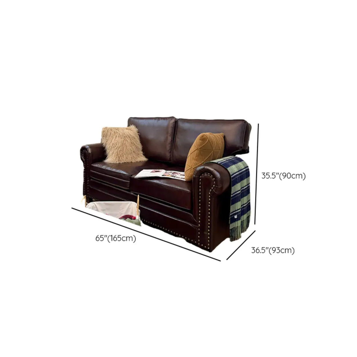 Classic Brown Full Grain Cow Leather Pillow Back Sofa Image - 15