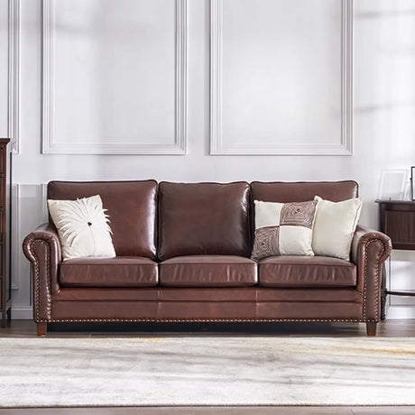 Classic Brown Full Grain Cow Leather Pillow Back Sofa Image - 2