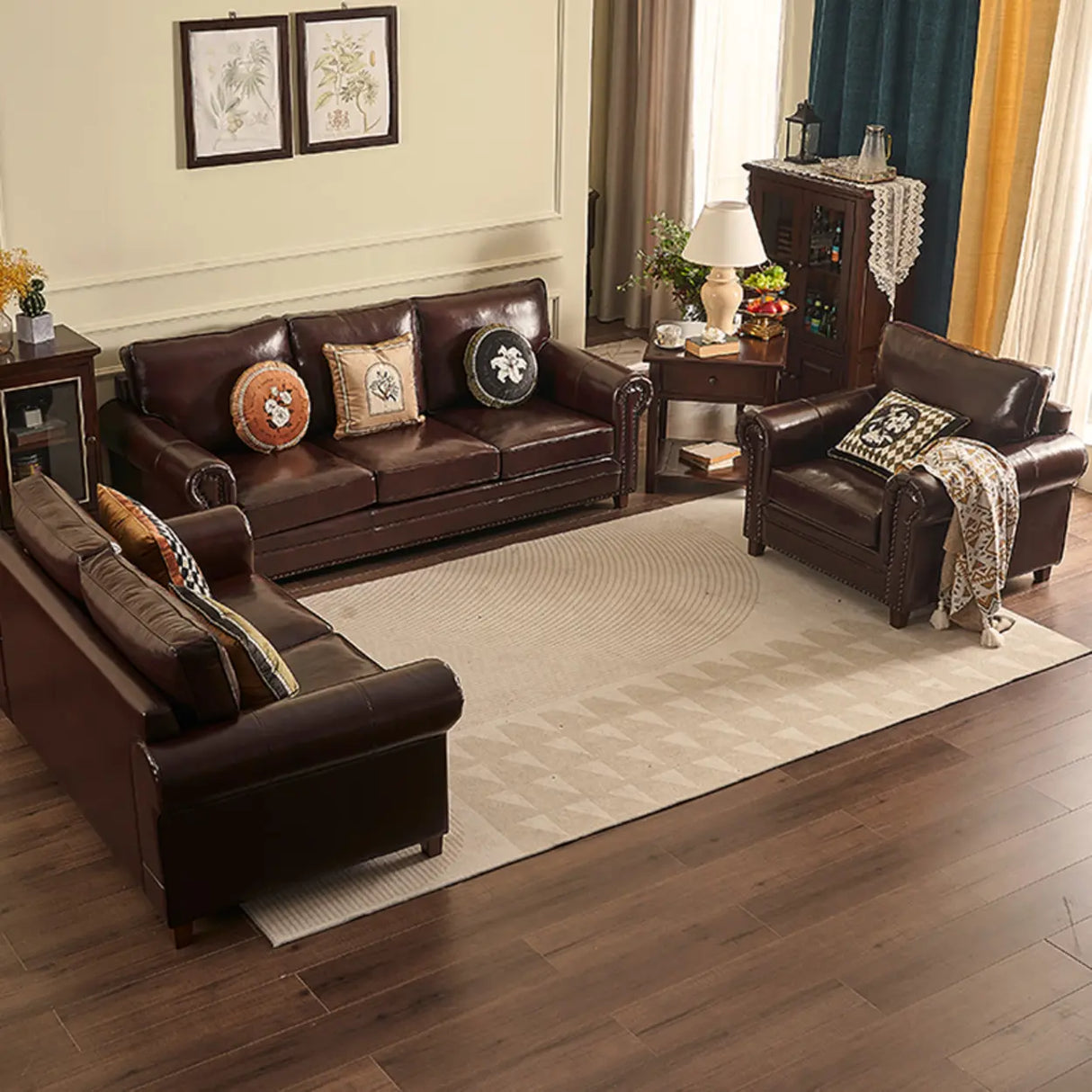Classic Brown Full Grain Cow Leather Pillow Back Sofa Image - 3