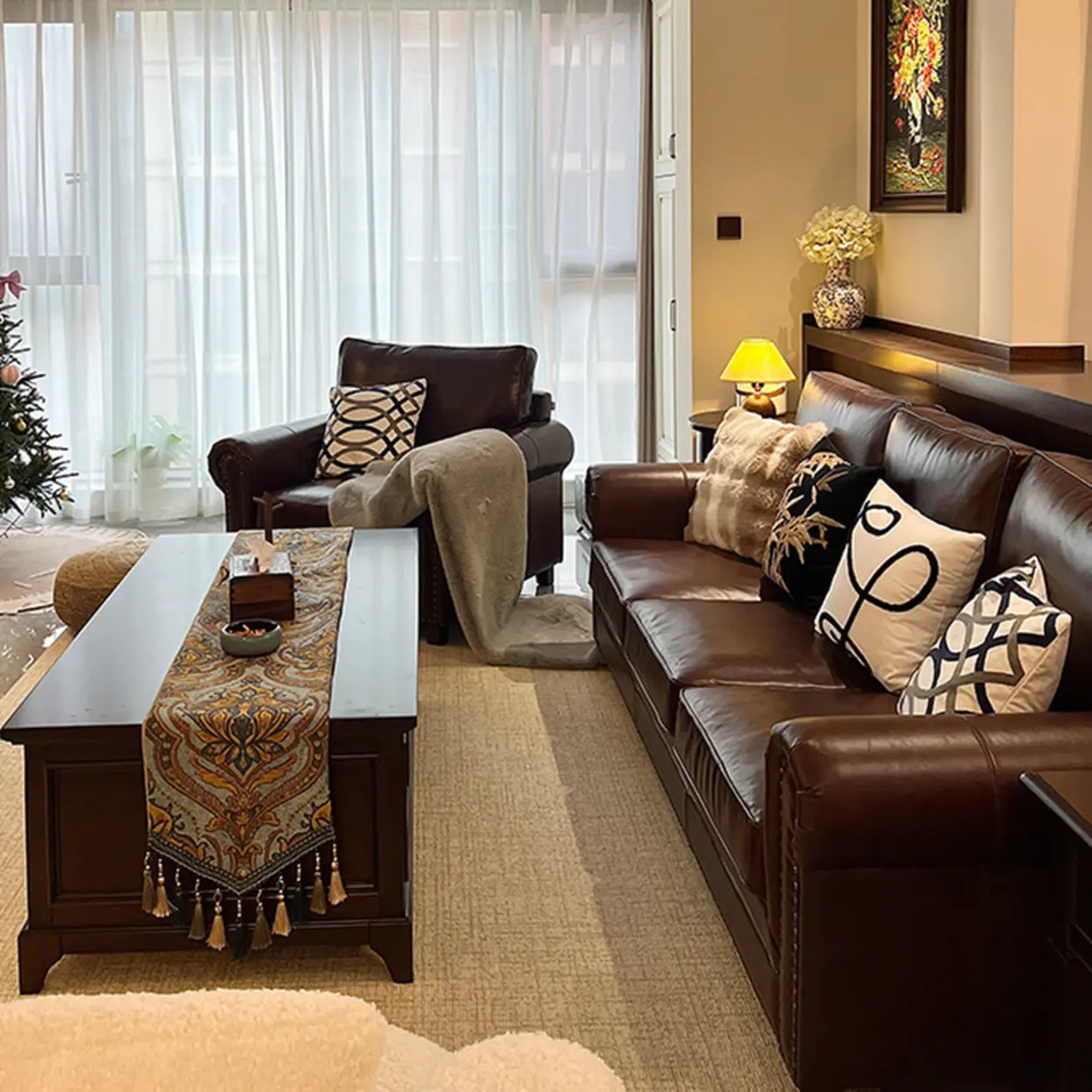 Classic Brown Full Grain Cow Leather Pillow Back Sofa Image - 4