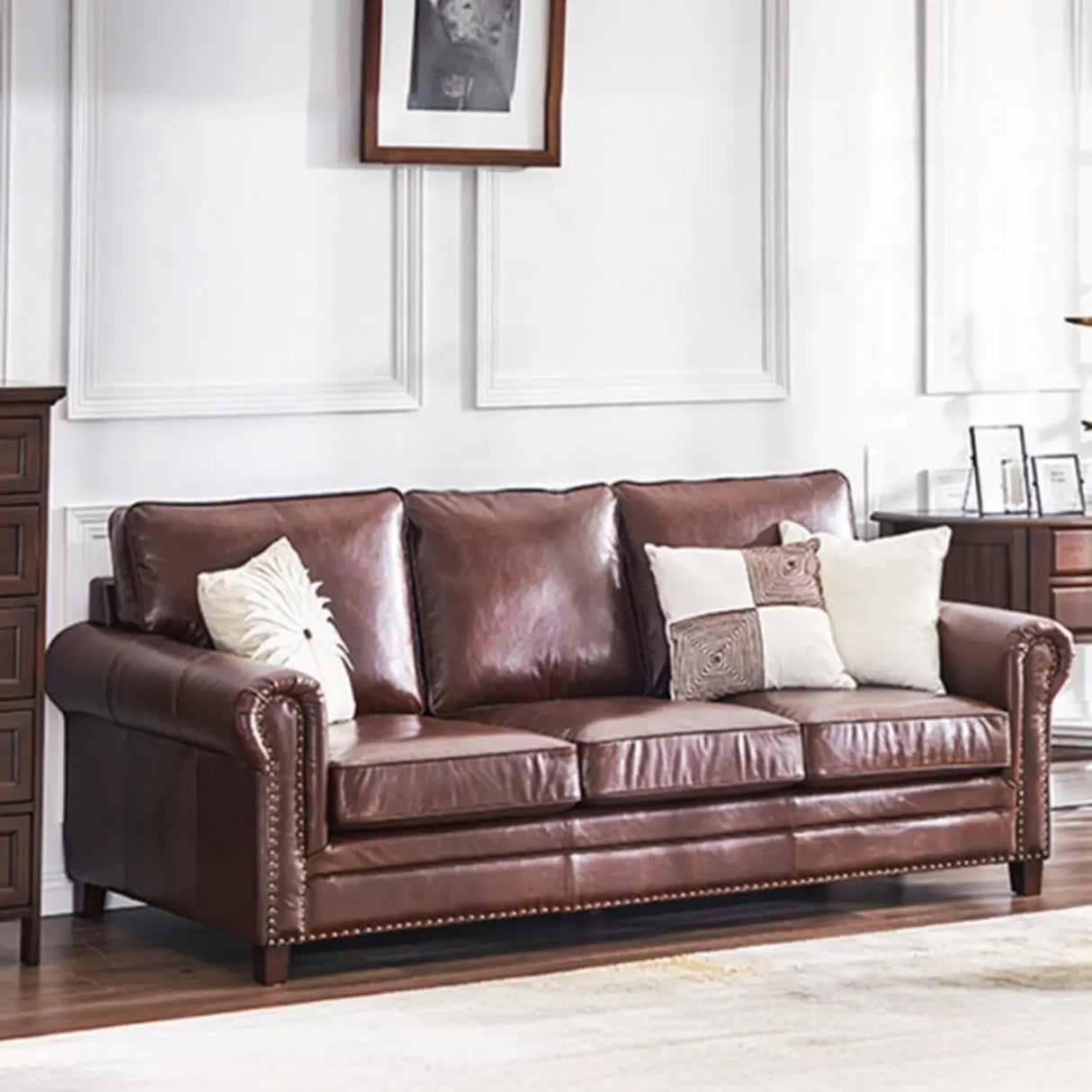 Classic Brown Full Grain Cow Leather Pillow Back Sofa Image - 5