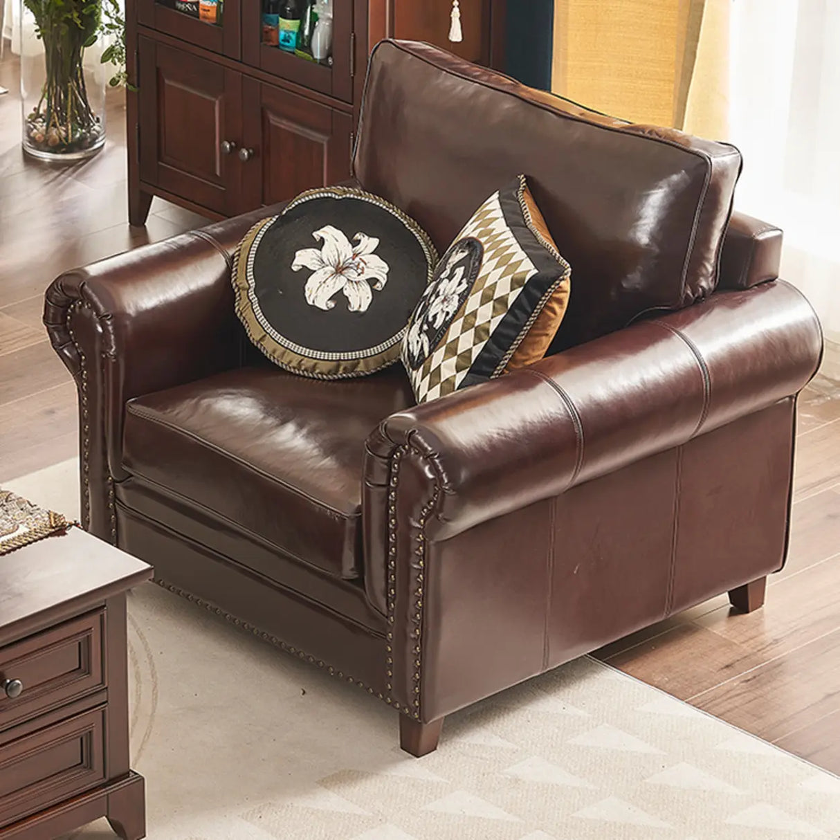 Classic Brown Full Grain Cow Leather Pillow Back Sofa Image - 6