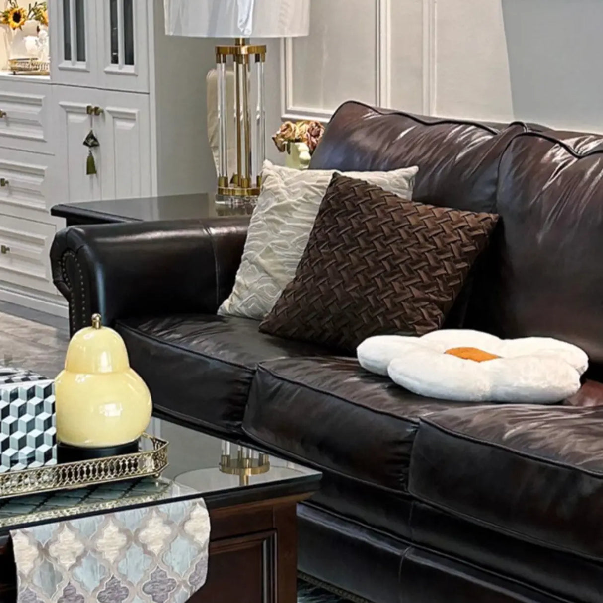 Classic Brown Full Grain Cow Leather Pillow Back Sofa Image - 9