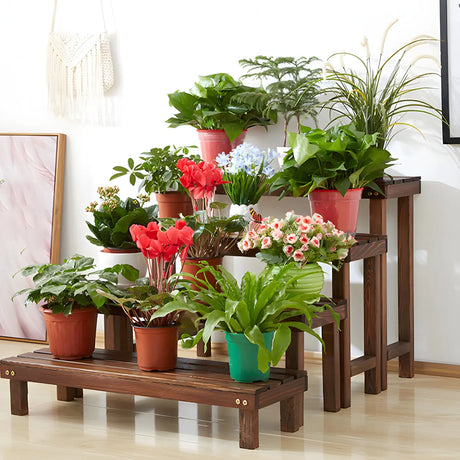 Classic Brown Staircase Shape Solid Wood Plant Stand Image - 6