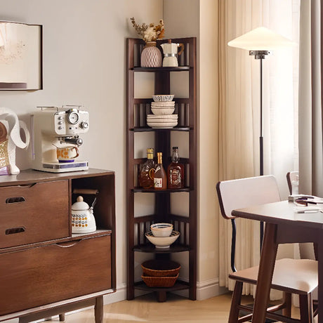Classic Brown Vertical Corner Storage Narrow Bookcase Image - 1