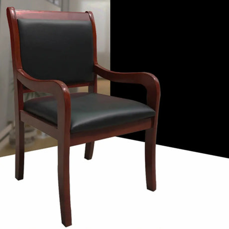 Classic Brown Wood Frame Black Leather Office Chair Image - 1