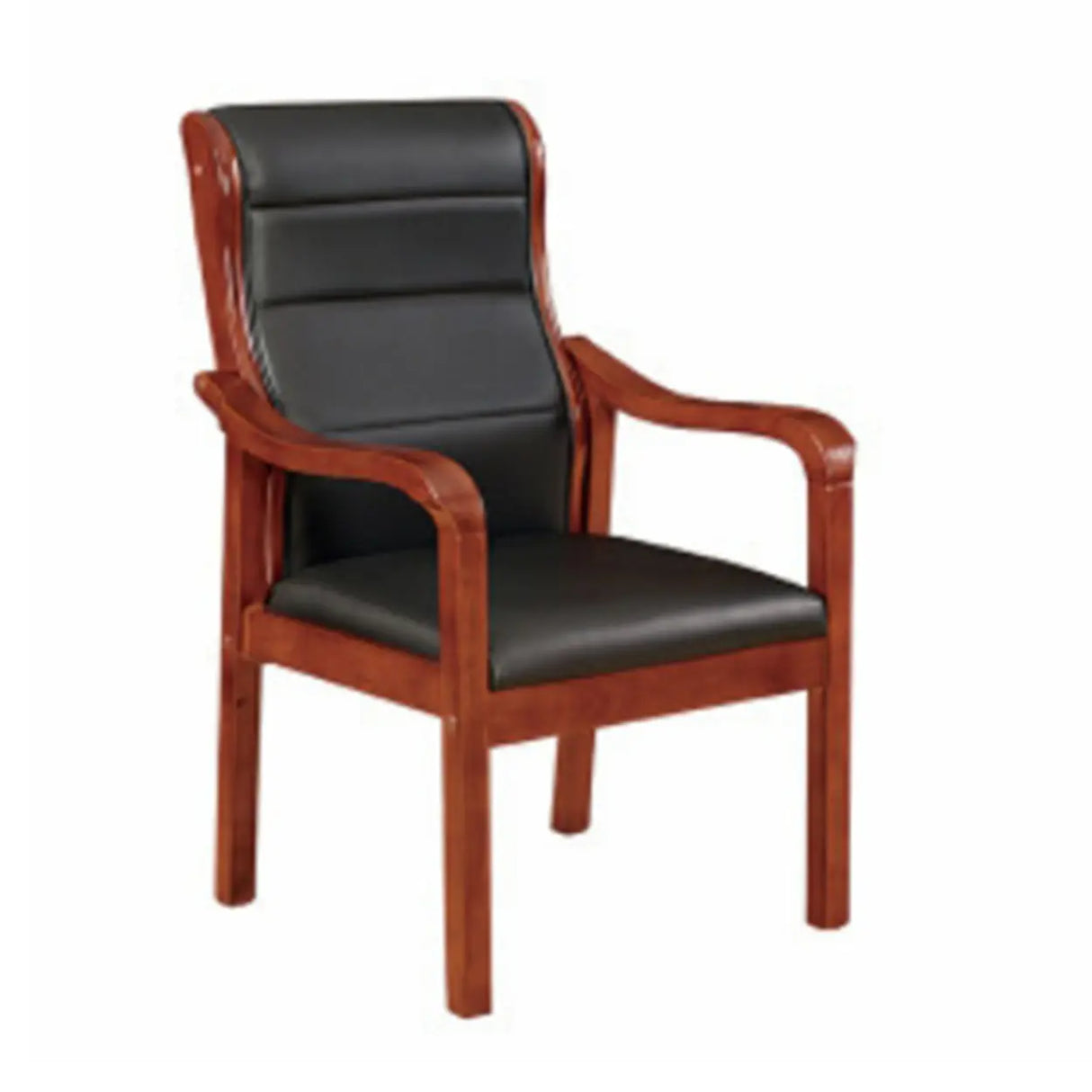 Classic Brown Wood Frame Black Leather Office Chair Image - 4