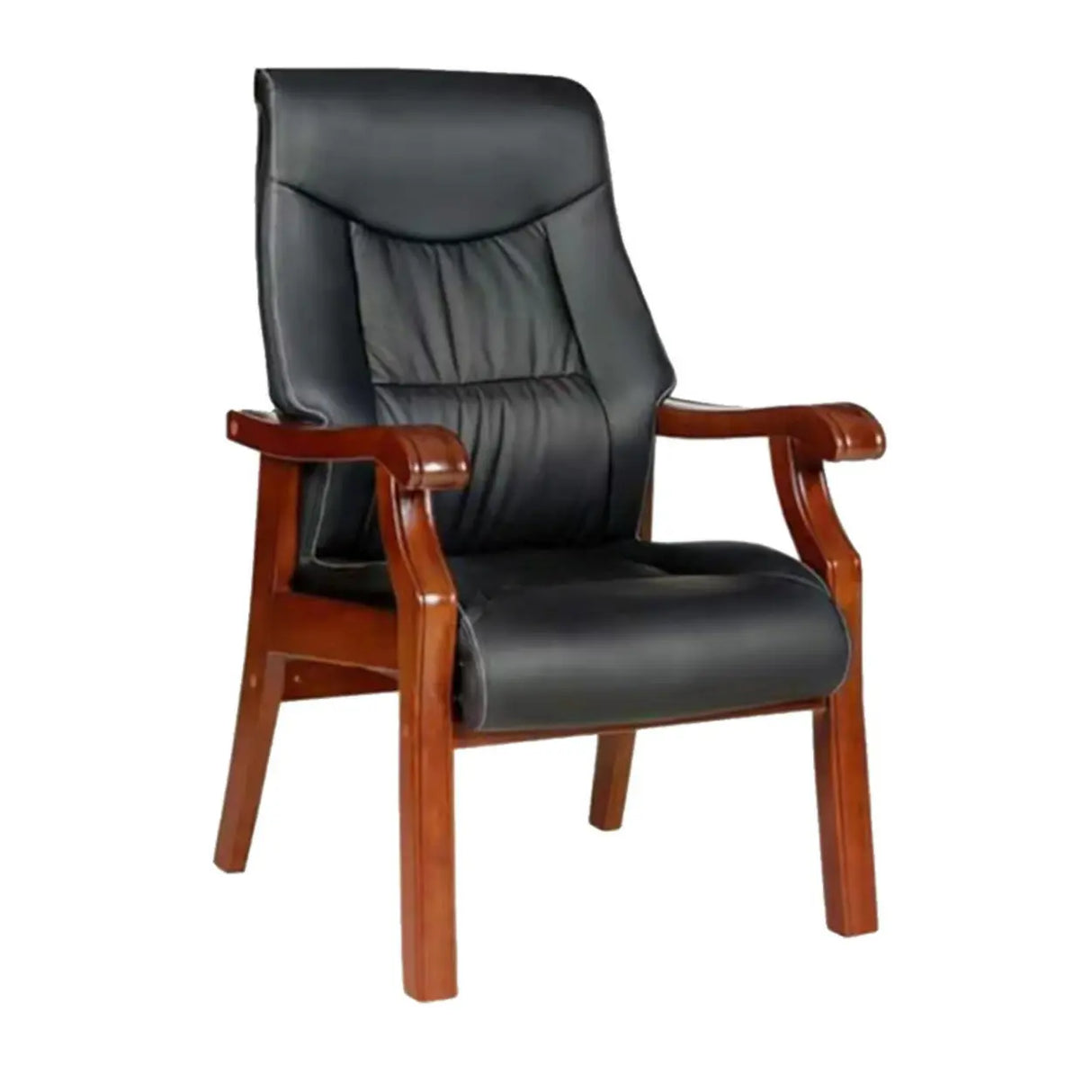 Classic Brown Wood Frame Black Leather Office Chair Image - 5