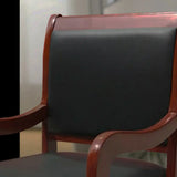 Classic Brown Wood Frame Black Leather Office Chair Image - 6