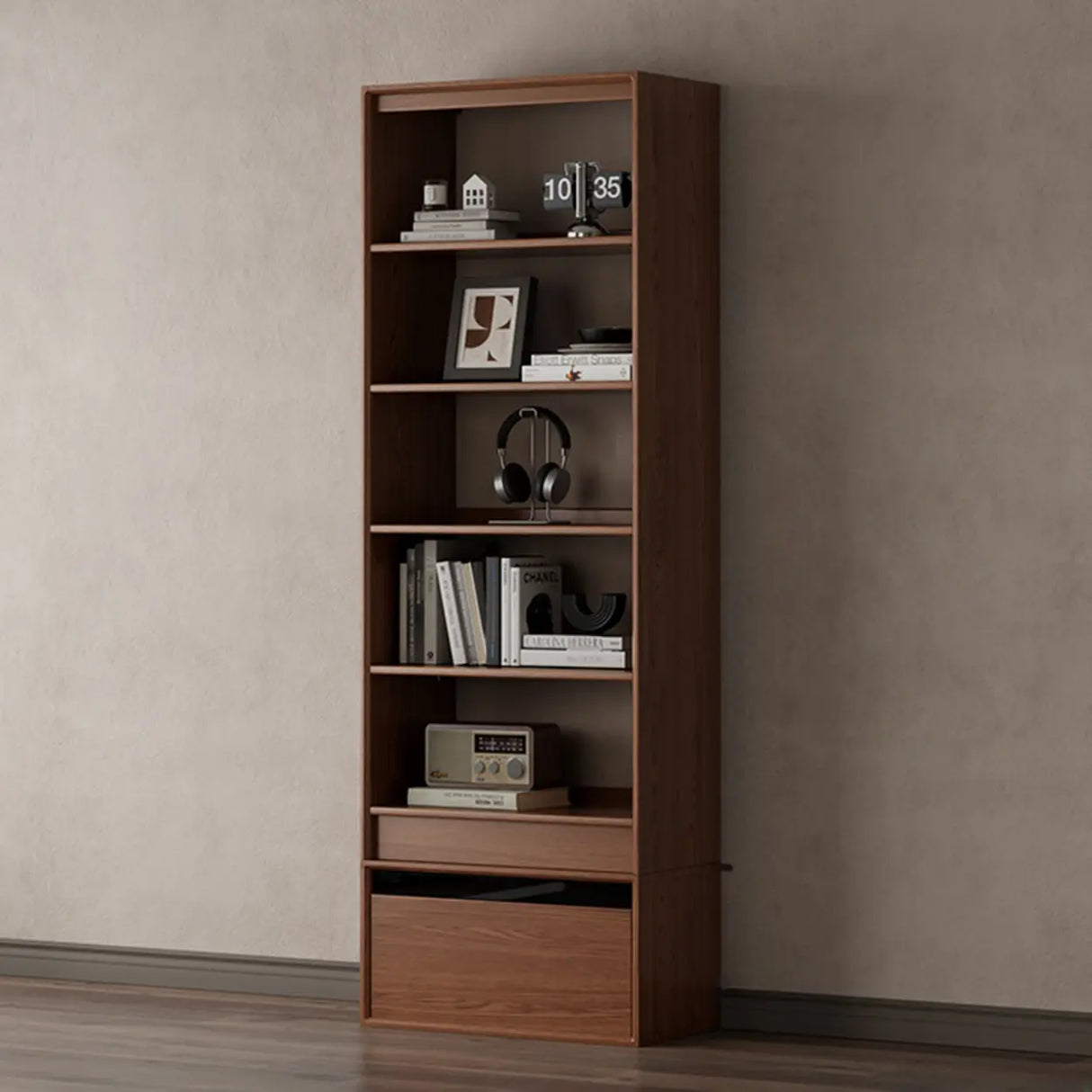 Classic Brown Wood Vertical Bookshelf with Drawers Image - 10