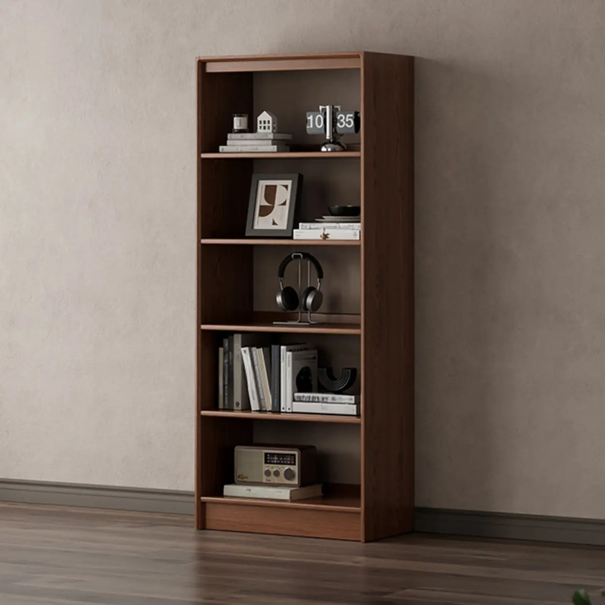 Classic Brown Wood Vertical Bookshelf with Drawers Image - 4