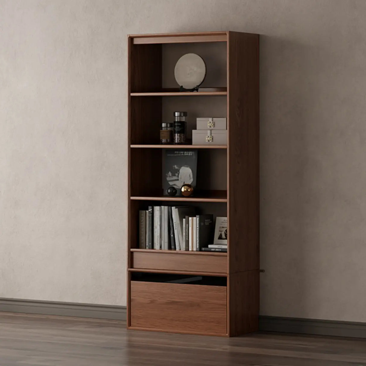 Classic Brown Wood Vertical Bookshelf with Drawers Image - 9