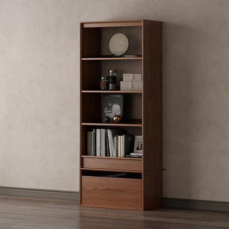 Classic Brown Wood Vertical Bookshelf with Drawers Image - 9