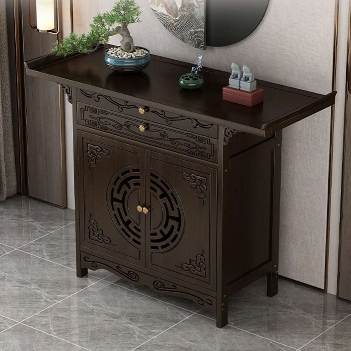 Classic Carved Banboo Dark Brown Storage Console Table Image - 1