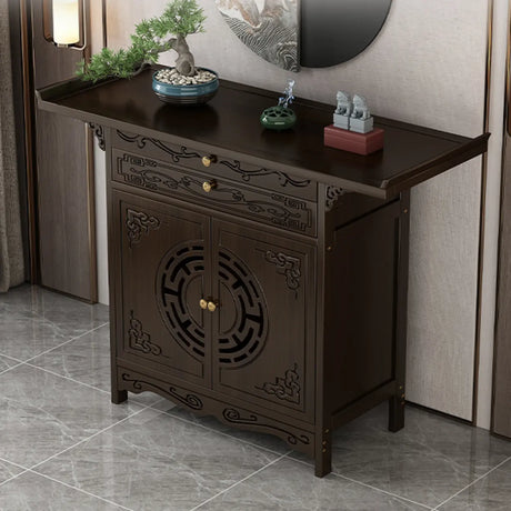 Classic Carved Banboo Dark Brown Storage Console Table Image - 1