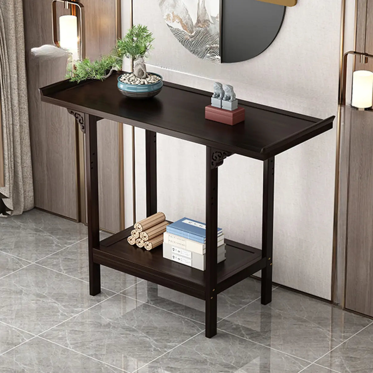 Classic Carved Banboo Dark Brown Storage Console Table Image - 11