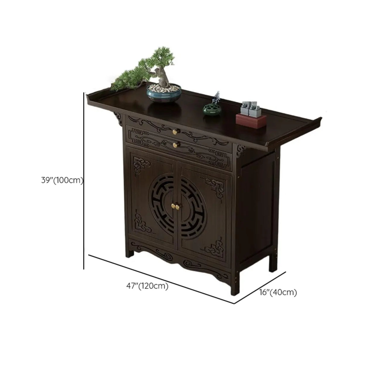 Classic Carved Banboo Dark Brown Storage Console Table Image - 16