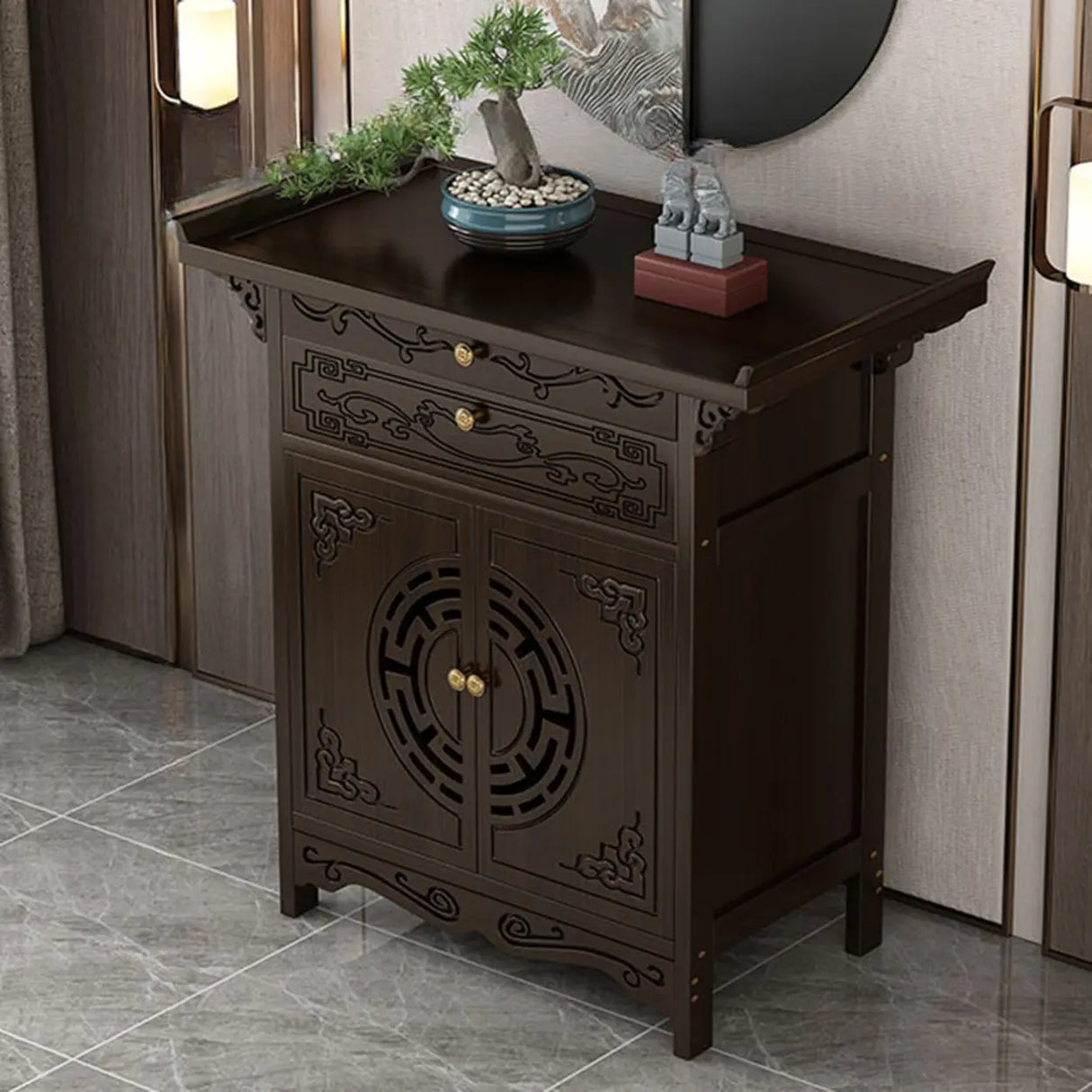 Classic Carved Banboo Dark Brown Storage Console Table Image - 2