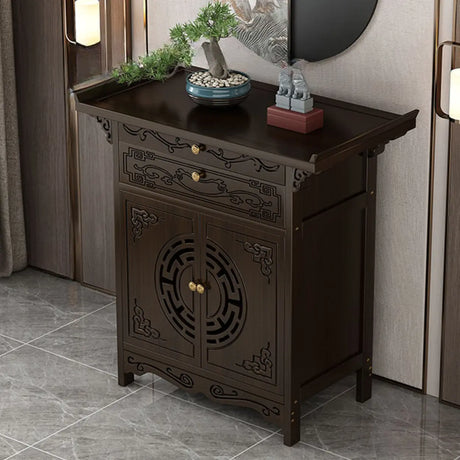 Classic Carved Banboo Dark Brown Storage Console Table Image - 2
