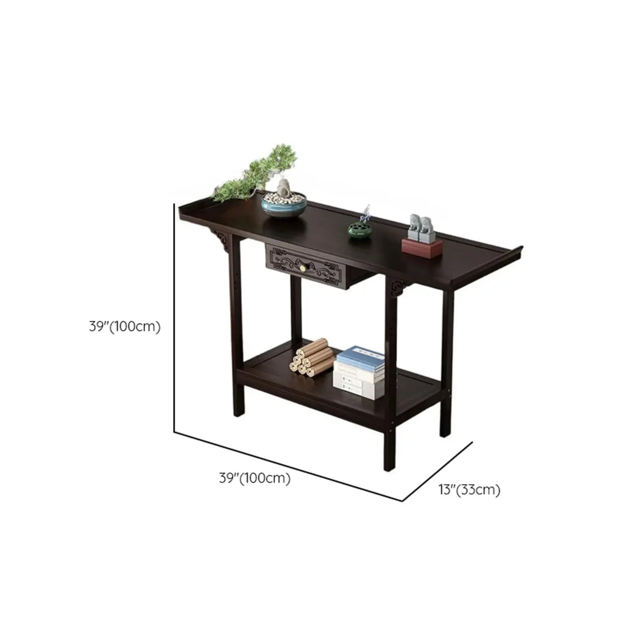 Classic Carved Banboo Dark Brown Storage Console Table Image - 22