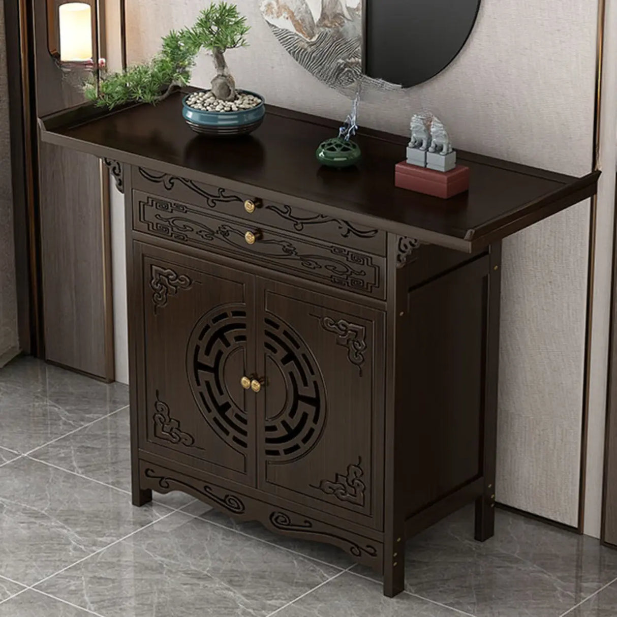 Classic Carved Banboo Dark Brown Storage Console Table Image - 3