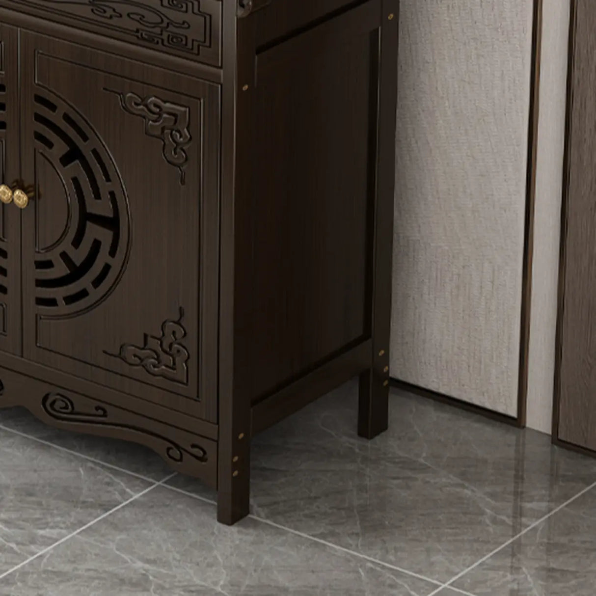 Classic Carved Banboo Dark Brown Storage Console Table Image - 4
