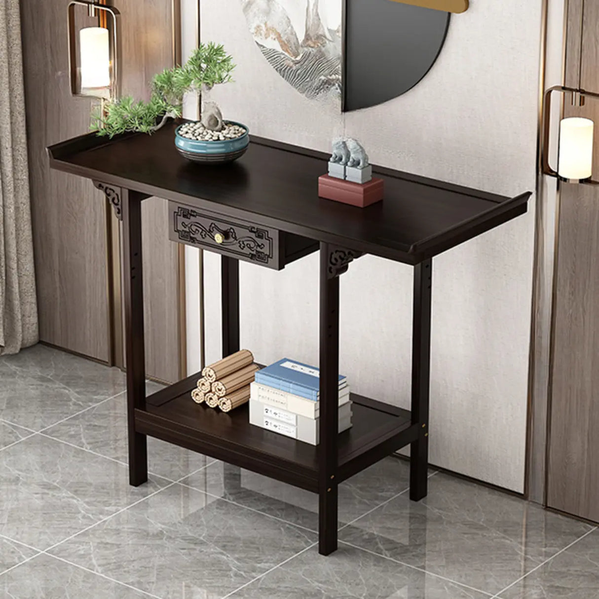 Classic Carved Banboo Dark Brown Storage Console Table Image - 5
