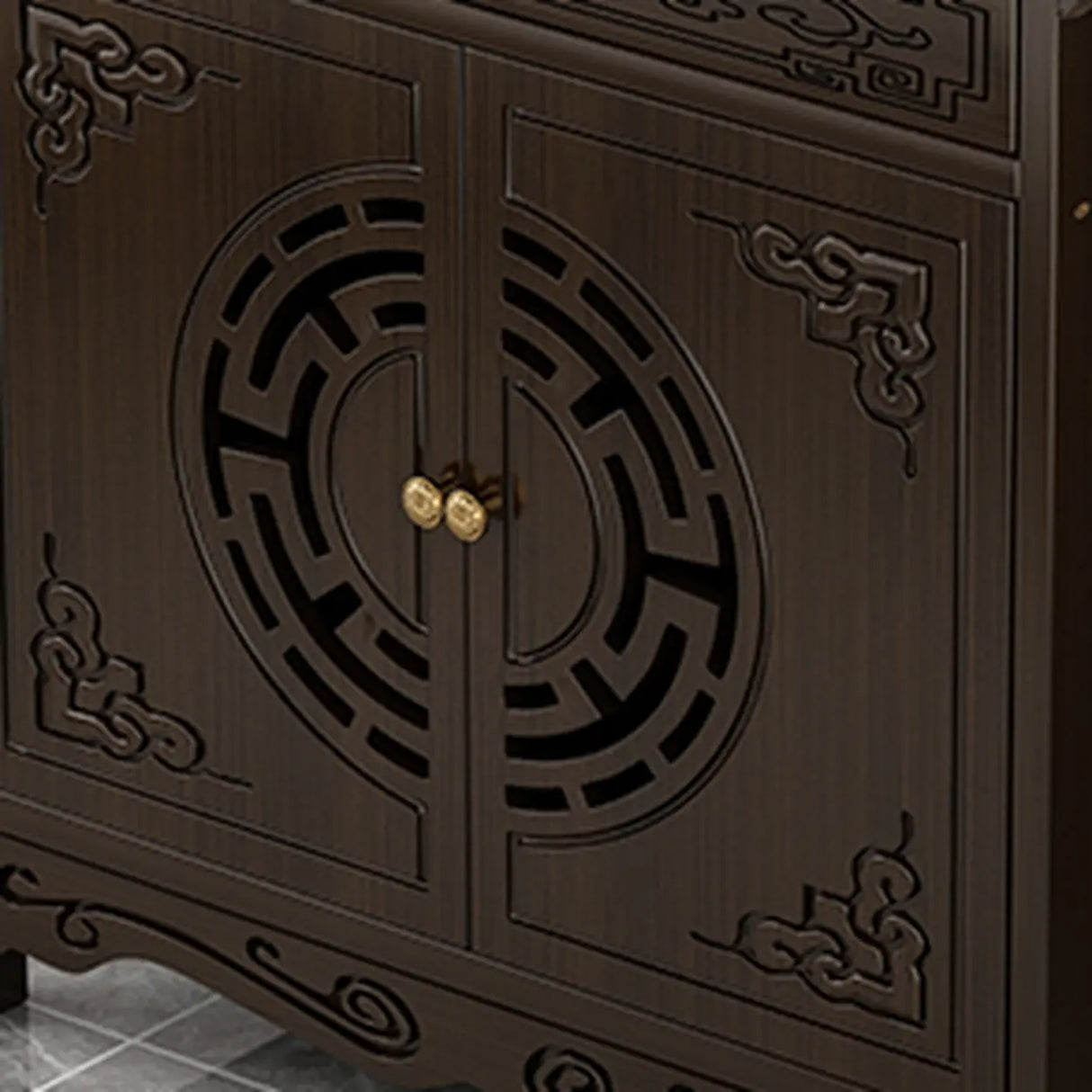 Classic Carved Banboo Dark Brown Storage Console Table Image - 6