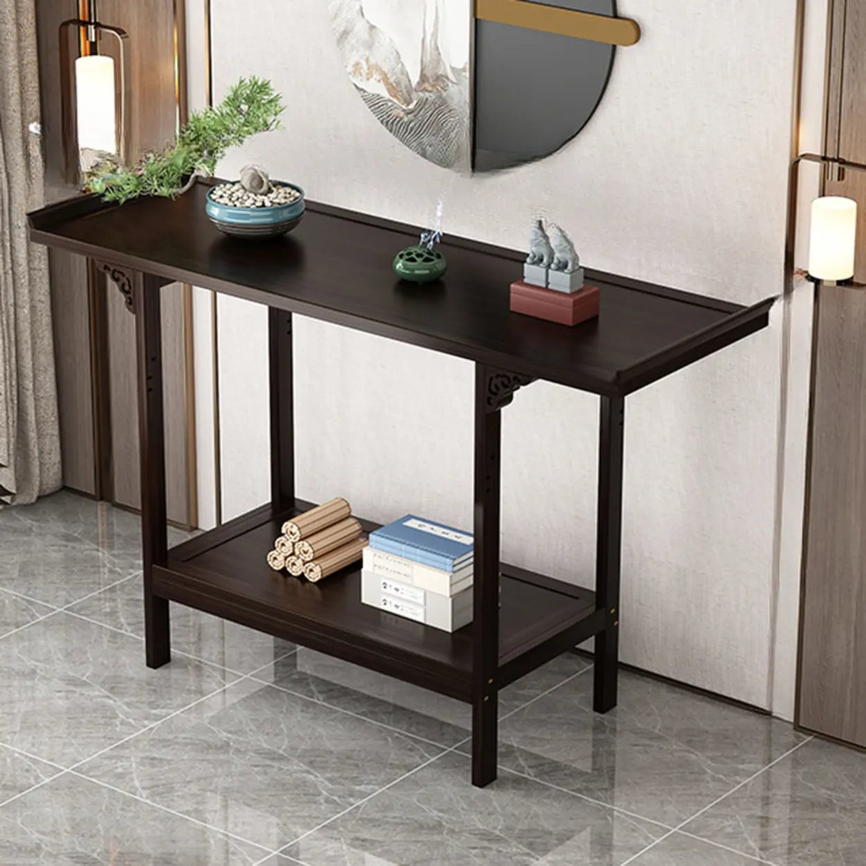 Classic Carved Banboo Dark Brown Storage Console Table Image - 7