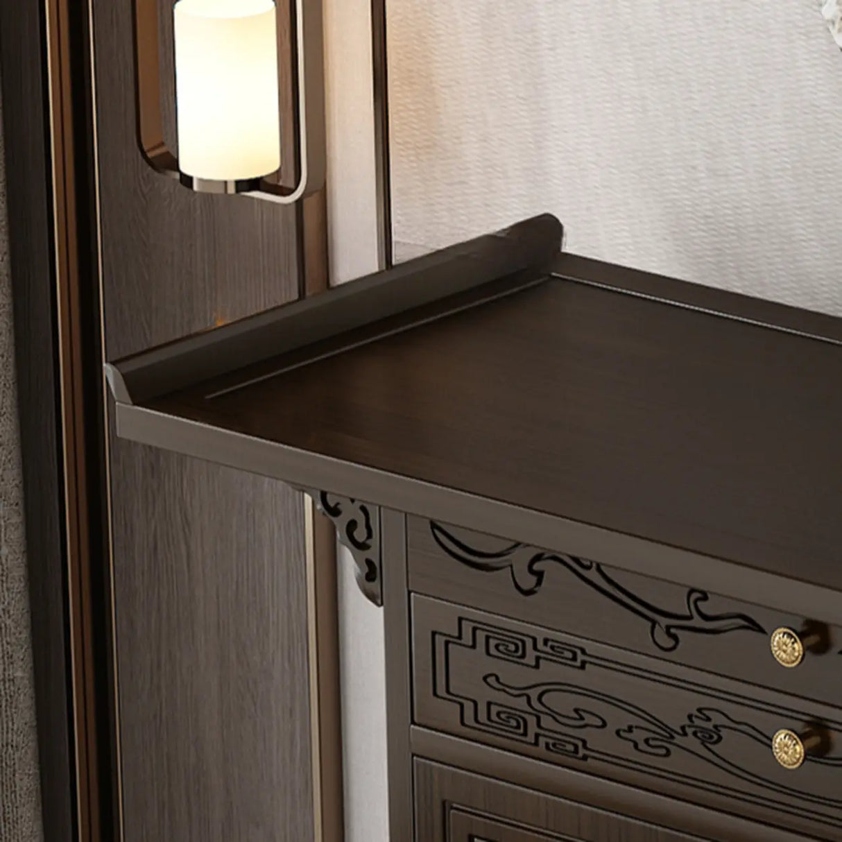 Classic Carved Banboo Dark Brown Storage Console Table Image - 8