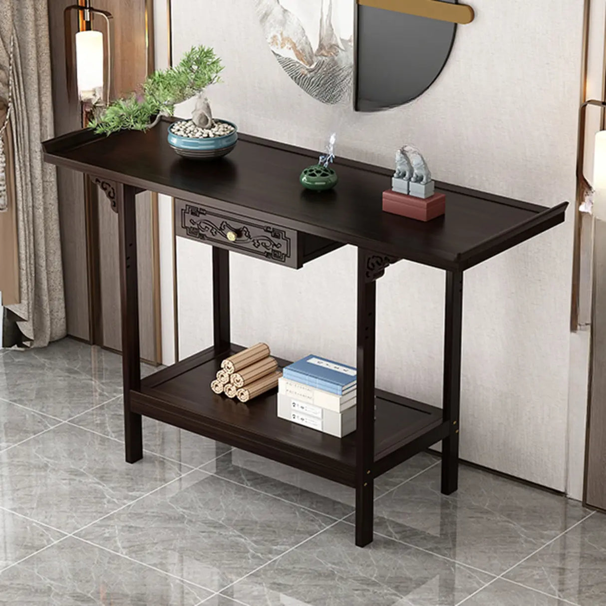 Classic Carved Banboo Dark Brown Storage Console Table Image - 9