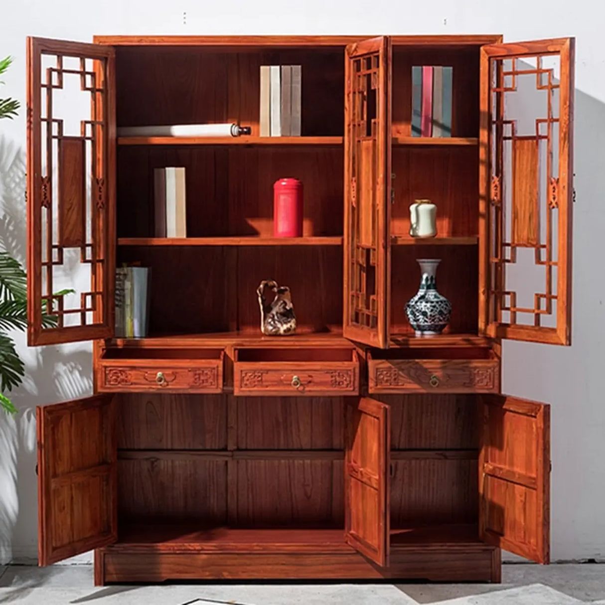 Classic Chinese Red Wood Drawer Carved Doors Bookcase Image - 1