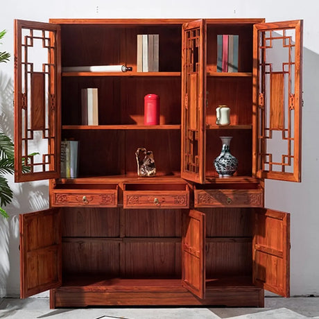Classic Chinese Red Wood Drawer Carved Doors Bookcase Image - 1