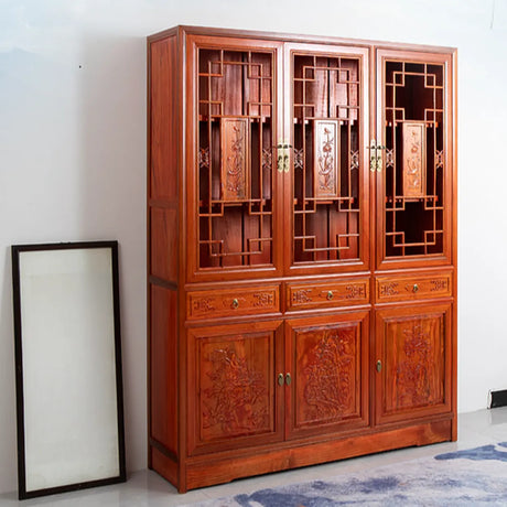 Classic Chinese Red Wood Drawer Carved Doors Bookcase Image - 2