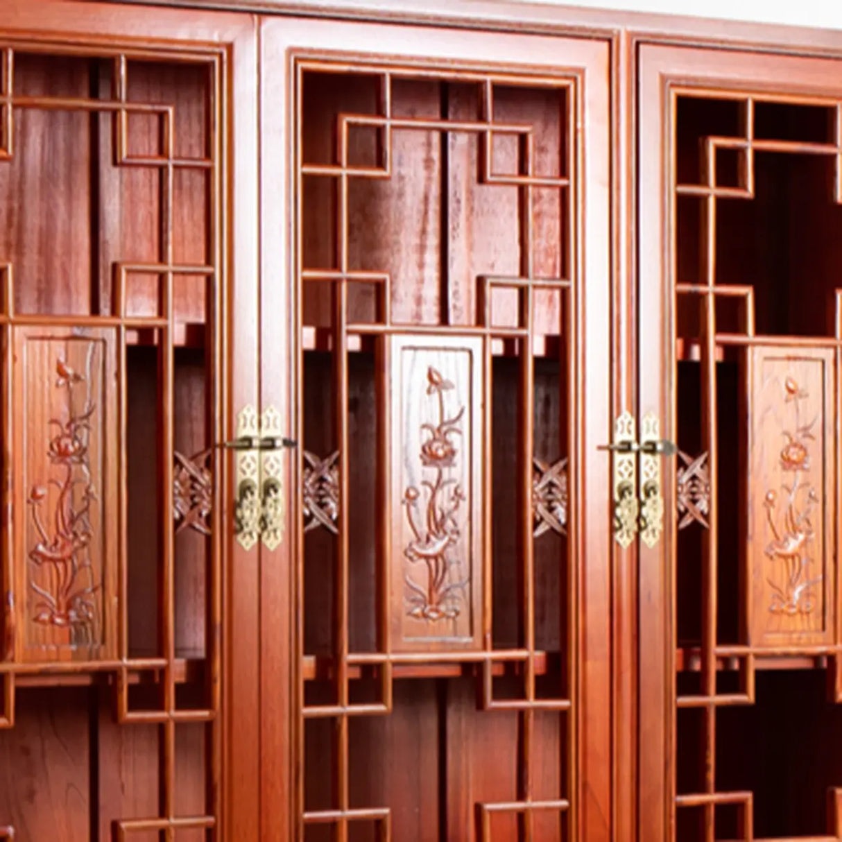 Classic Chinese Red Wood Drawer Carved Doors Bookcase Image - 4