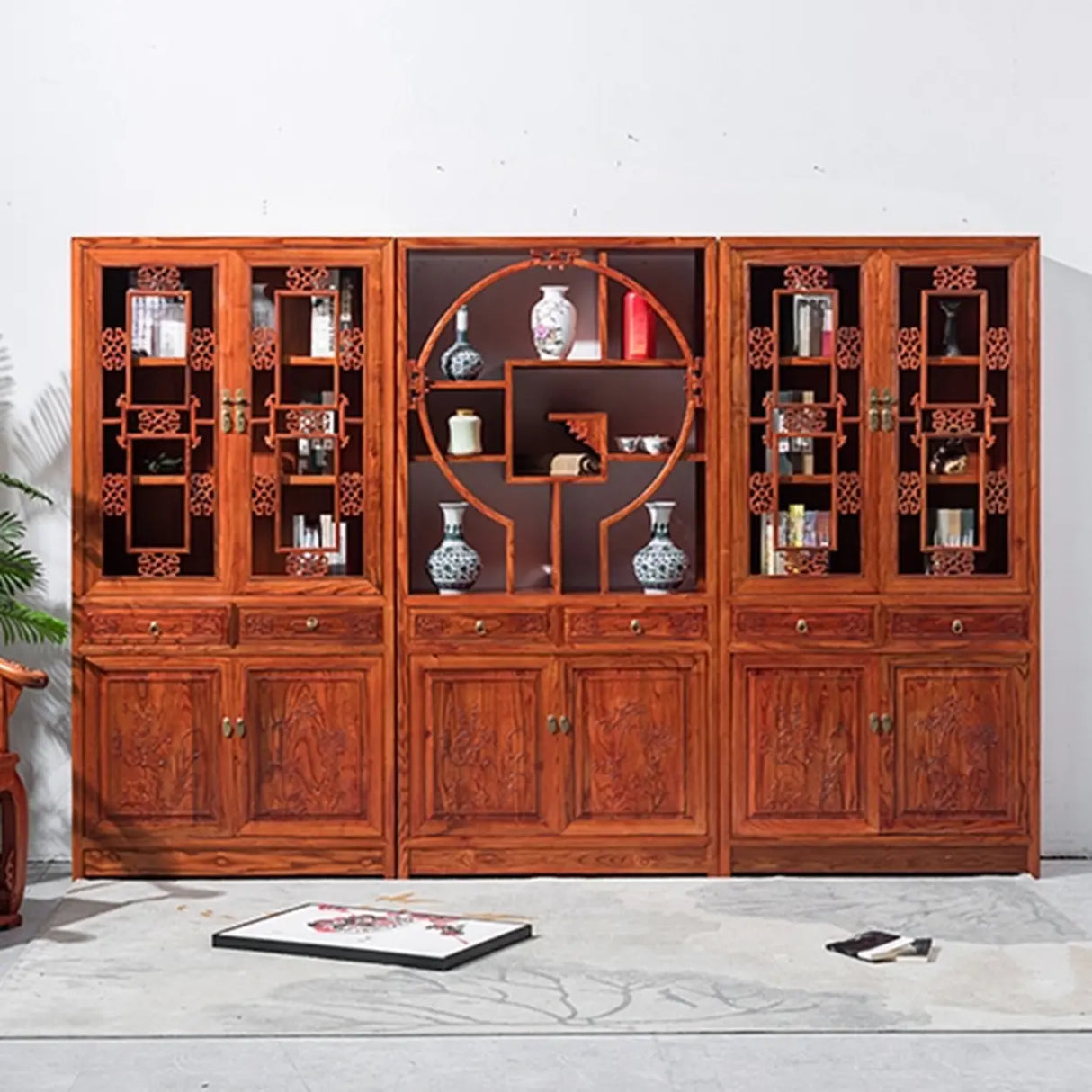 Classic Chinese Red Wood Drawer Carved Doors Bookcase Image - 5