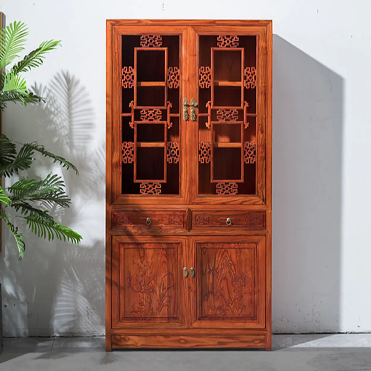 Classic Chinese Red Wood Drawer Carved Doors Bookcase Image - 7