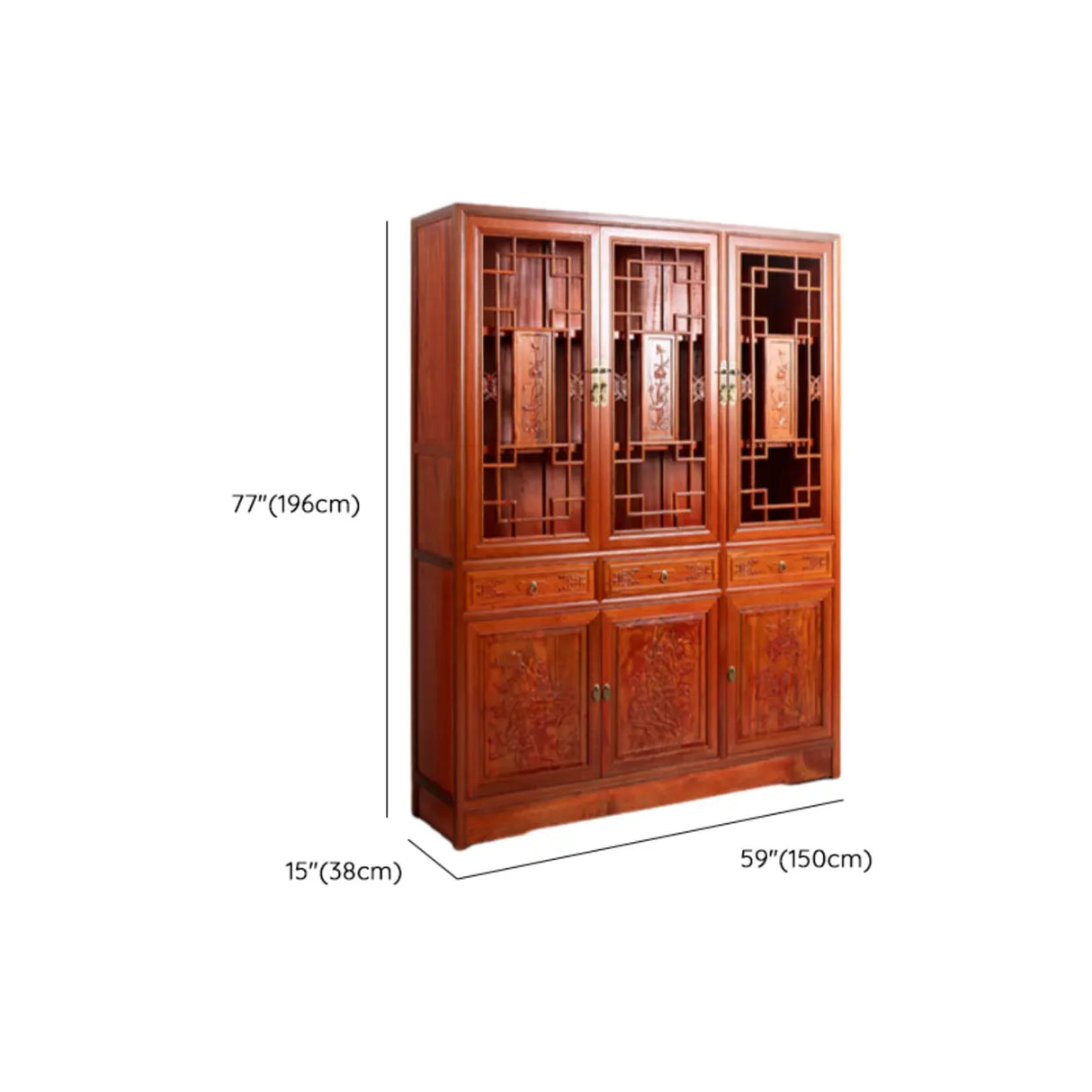 Classic Chinese Red Wood Drawer Carved Doors Bookcase Image - 10