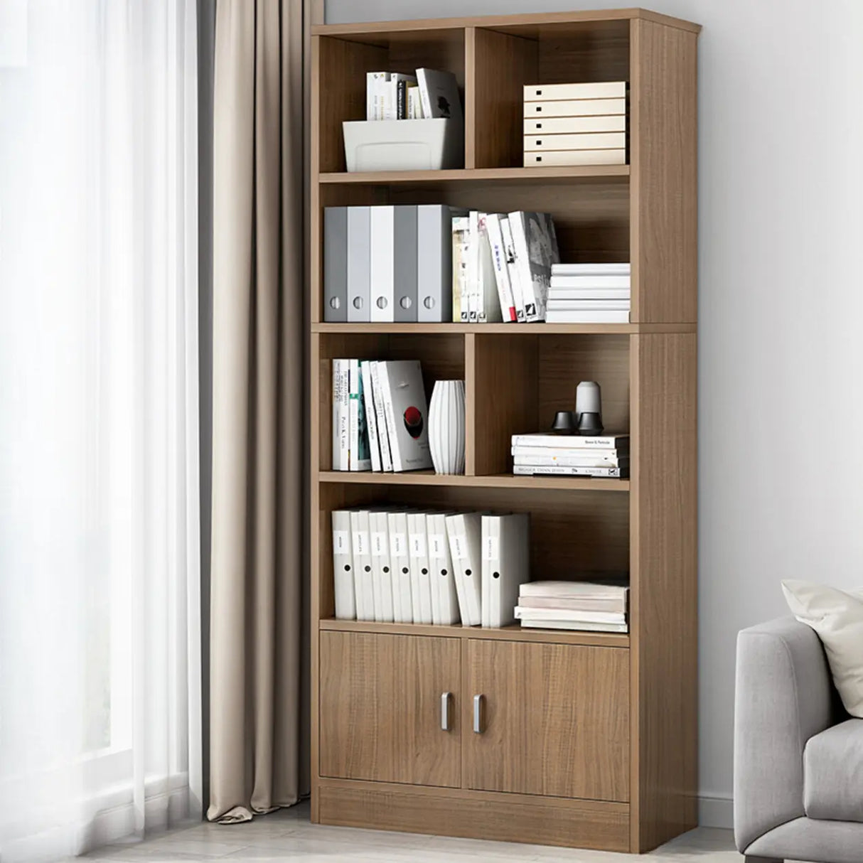 Classic Closed Back Vertical Wood Storage Tall Bookcase Image - 14
